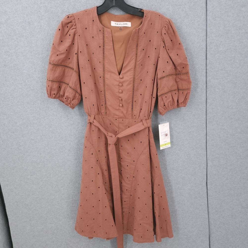 Taylor Puff Sleeve Eyelet Tie Belt Bronze Mini A Line Dress Womens Size 4 NWT